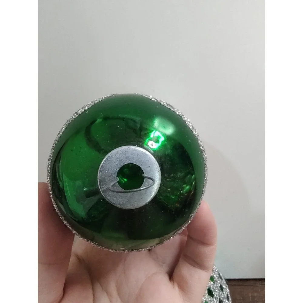Lot of 2 Vintage Green Glass Ball Holiday Christmas Ornament Silver Glitter A17